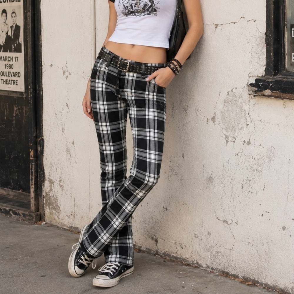 Tripp NYC Plaid Low Rise Skinny Jeans Women's 9 Black White Punk Goth Emo Y2K